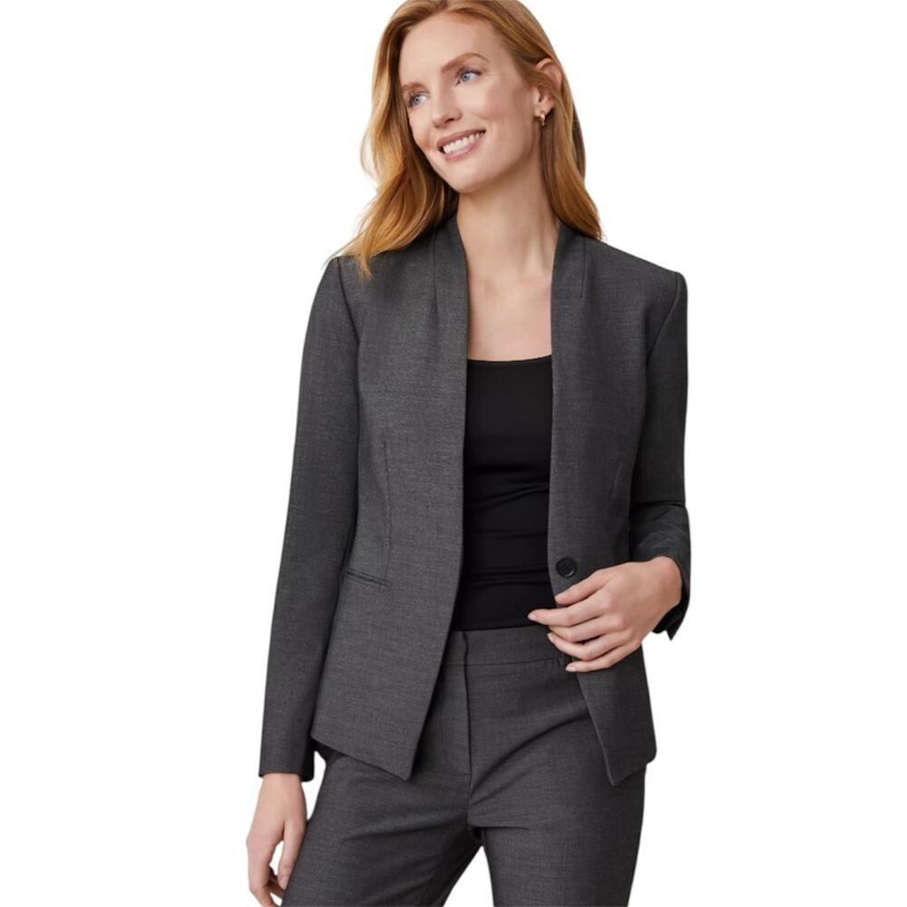 Ann Taylor Cutaway Blaze Bi-Stretch Dark Gray Collarless Suit Jacket Size 14 NWT
